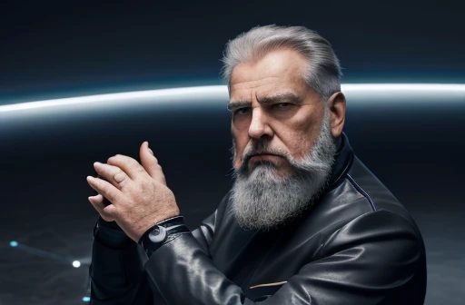 He is looking at his mechanical palm, He observes his own bionic hand, The space general aged 65 has long gray beard and long beard, wears a futuristic uniform, he is fat bearded, long sleeve uniform , wearing leather gloves on your hands, he has his arms crossed seriously, speaking to the viewer, He wears a white general&#39;s hat on his head. He wears a general&#39;s hat.