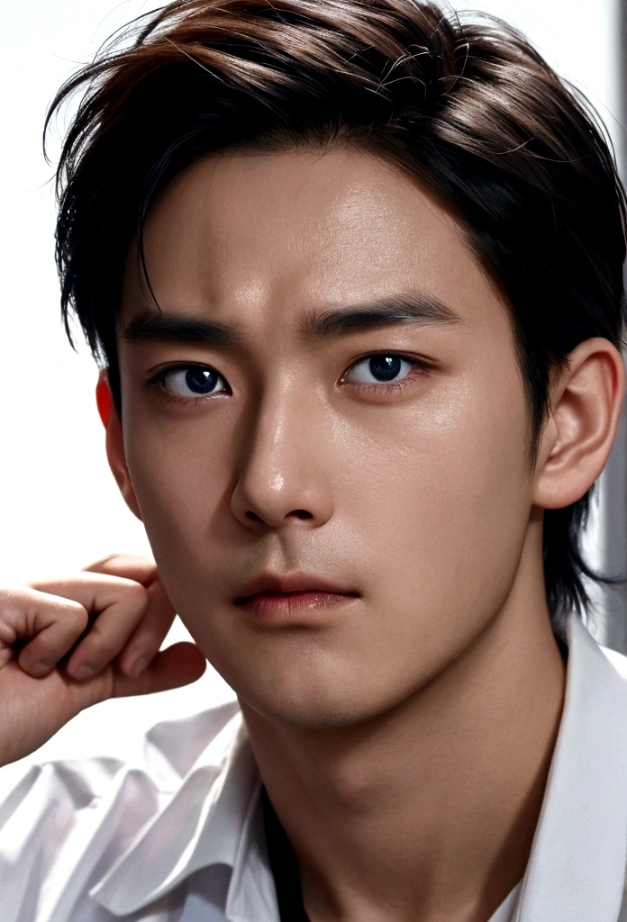 Close-up of a man's face with a slightly confused look。A facial expression that conveys a little resistance。