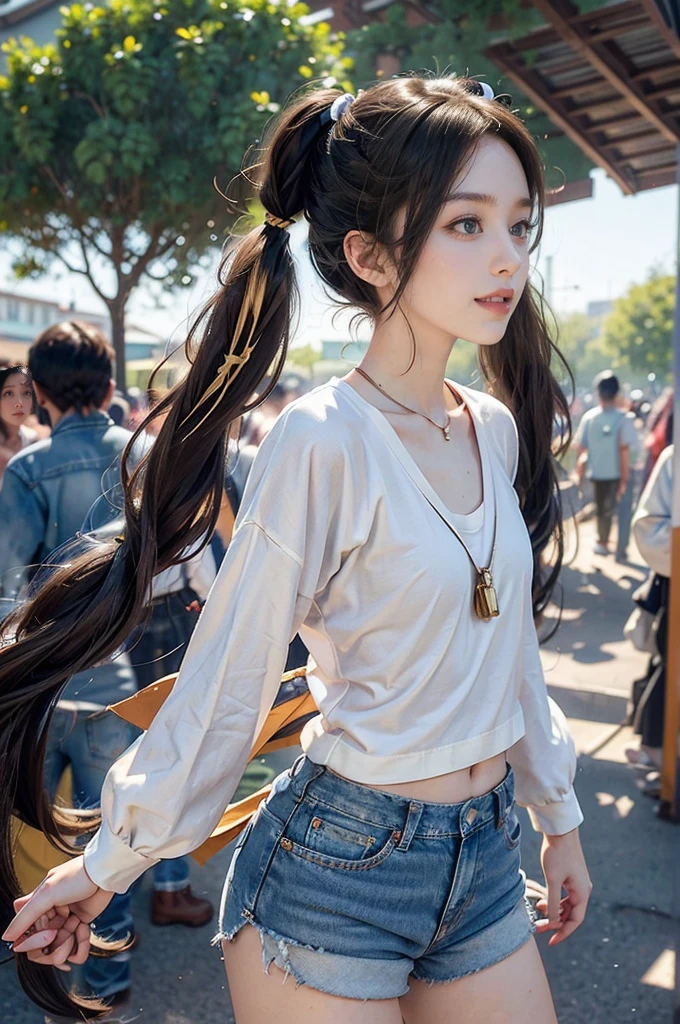 (((best quality))),(((ultra detailed))),(((masterpiece))),illustration,((1 beautiful girl,solo)),((slim,thin)),((small breasts,flat chest)), outside school gate, summer twilight, sunlight,(Twin Tails:1.5),((white long-sleeved shirt)),(clavicalis:1.3),((denim shorts,slender legs)),animated face, excited eyes, sounds of laughter, chatter, excitement of summer vacation, air filled with energy, school gate golden glow, symbol of end of academic year, schoolyard transformed, reunion, farewells, embracing setting sun, face illuminated, moment captured, fleeting instant, essence of summer, carefree spirit, youthful exuberance, embodiment of season, sun dips, rosy glow, joy of living,promise of adventures,((standing,from front,upper body)),(surrounded by crowded crowds:1.3),(arms behind back:1.3)