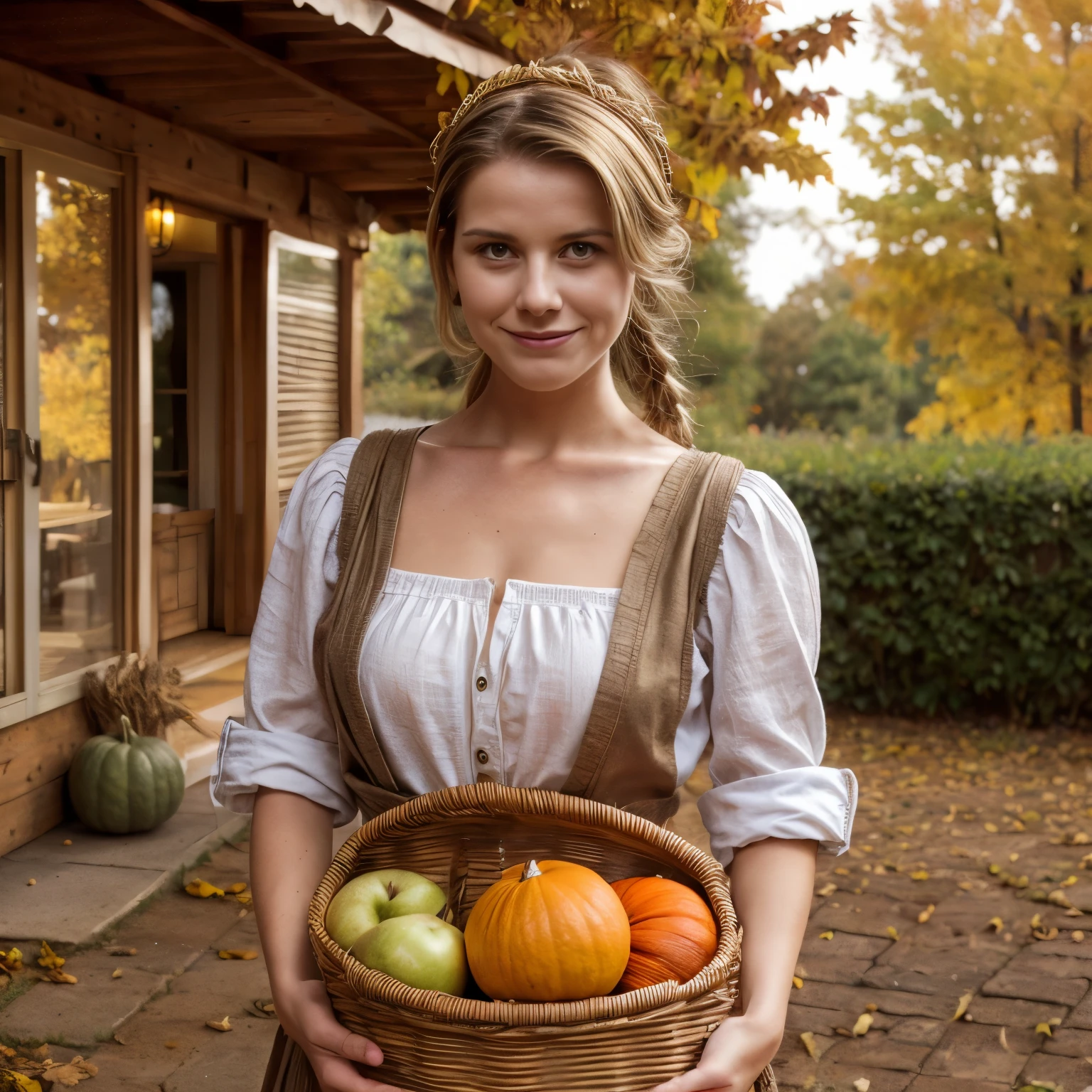 November - Gratitude and Thanksgiving

On the November calendar page, LaGermania stands amidst a historic farmstead in Plymouth, Massachusetts. She wears a Pilgrim-inspired outfit in shades of harvest gold and colonial brown, its linen apron and bonnet reflecting the simplicity and craftsmanship of early American settlers. LaGermania's blonde hair is styled in a braided crown, adorned with autumn leaves that shimmer with golden hues. Her expression is happy and curious, with a warm smile that embodies the spirit of gratitude and Thanksgiving. The background features cornucopias overflowing with pumpkins and gourds, with tables set for a festive meal and a rustic barn in the distance. The outfit's woven textures and hand-sewn details evoke the pioneering spirit of colonial New England against the backdrop of rolling hills and autumn foliage. LaGermania's posture is humble yet dignified, one hand lightly holding a basket of freshly picked apples while the other rests on a wooden fence, its weathered boards echoing the enduring traditions of harvest and community. The scene captures the timeless beauty of Thanksgiving in America's historic heartland, inviting viewers to celebrate the season of gratitude.