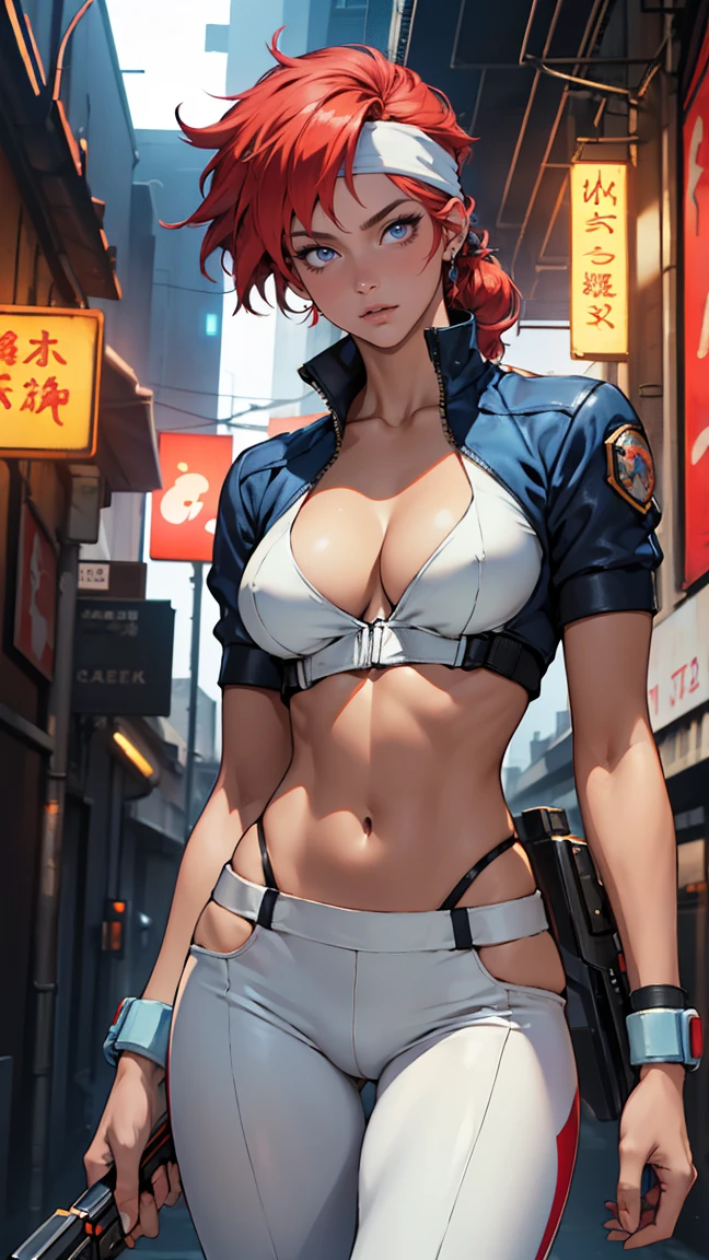 ((Masterpiece, highest quality; 1.3)), super quality, beautiful detail, super detailed, extra fine, 16K, exquisite, absurd, high resolution, beautiful background, detailed background, beautiful eyes, beautiful skin, anime style, Kay from Dirty Pair in a white outfit, tight outfit, , bushy redhead beauty, very light blue uniform, wearing tight clothes, skimpy, (mid chest: 1.2), cleavagege, slim whin waist, slim thighs, thin legs, slim legs. thigh gap, showing stomach, skinny, thin hips, cyberpunk city background, holding retro space gun , headband,