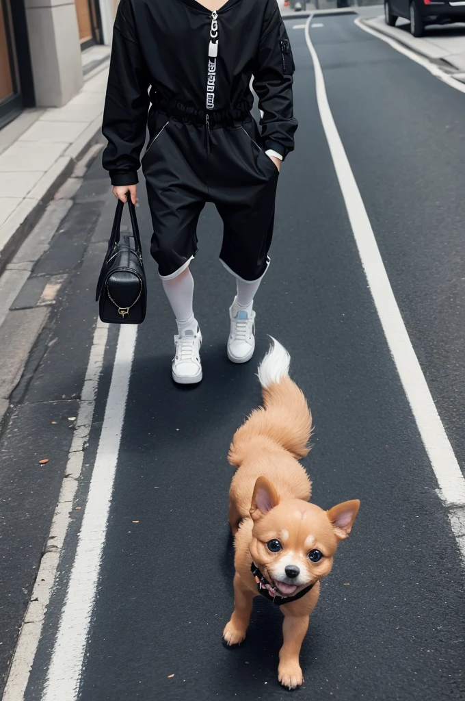 Create a little dog in a black human outfit walking down the sidewalk