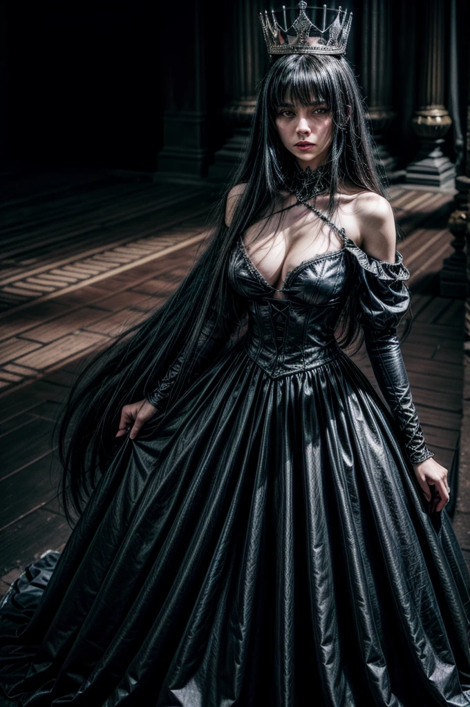 A russian woman with a dagger in her hand. She wears dress, dark armor adorned with fur-lined shoulders, full body, very small crown. Her expression is commanding, intense yellow eyes, scars, flowing black hair, gotic castle background, medium and squishy breast, thin waist, blush