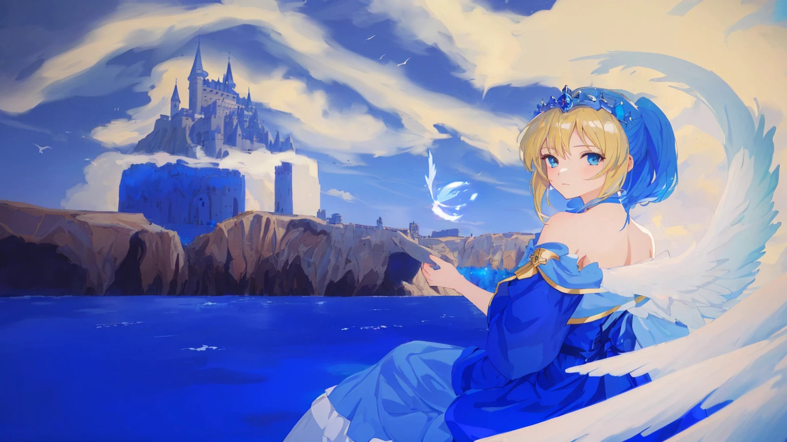 anime girl sitting on a rock in front of a castle, flying cloud castle, Artoria Pendragon, sky witch, anime in fantasy style, From the wish, blue sky, wallpaper anime blue water, blonde hair princess, in front of a fantasy city, anime princess, water everywhere fantasy, anime fantasy illustration, inspired by Li Chevalier