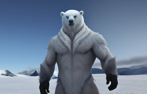 Polar bear stands looking at the sky Medium muscular, frozen planet setting, snowstorm , zoomed in on crotch, , chunie, darkgem, He uses an old, torn blanket made of animal hide as a garment for his body.