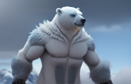 Polar bear stands looking at the sky Medium muscular, frozen planet setting, snowstorm , zoomed in on crotch, , chunie, darkgem, He uses an old, torn blanket made of animal hide as a garment for his body. 