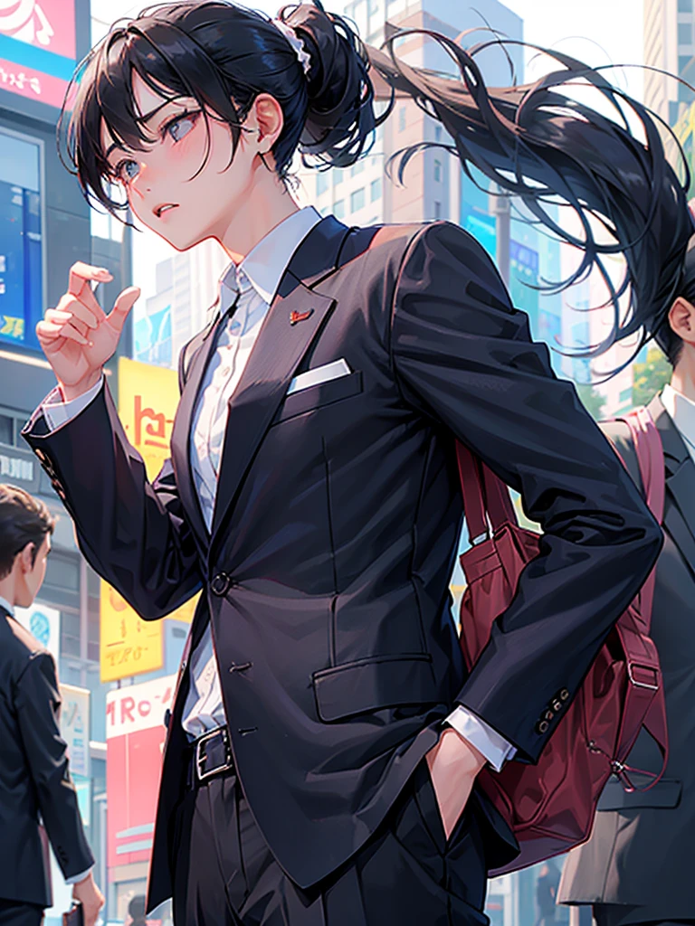 beautiful girl、Shibuya、Black Hair、ponytail、Wearing a suit、Unbuttoning his shirt、Embarrassed look