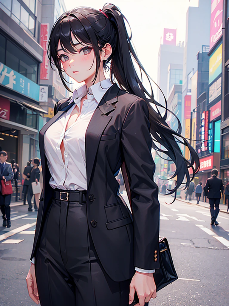 beautiful girl、Shibuya、Black Hair、ponytail、Wearing a suit、Unbuttoning his shirt、Embarrassed look