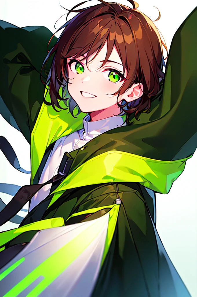 [(WHITE BACKGROUND:1.5),::5], ((((masterpiece)))), high quality, ultra very high resolution, full color, (((solo))), ((younger boy)), brown hair, (Green eyes), anime, ((upper body)), neon light, black parka, light smile
