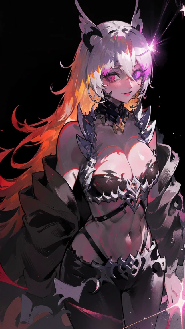 {{Masterpiece}}, Best Quality, Extremely detailed CG unity 8k wallpaper, cinematic lighting, Lens flare, Beautiful eye details, negro, side glance, multicolored hair, showy light, particles, heterochromia, (showy:1.5), (showy hair:1.5),