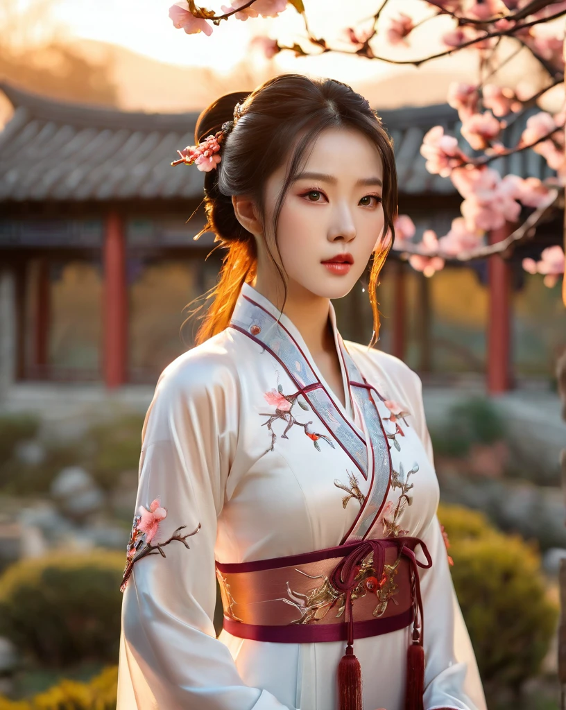 beautiful korean female, 31 inch breasts size, wearing luxury white fantasy traditional chinese dress ,   In the ancient peach garden, sunset light,bokeh  background, UHD, Inspired by Xiaolongnü in the movie The Return of the Condor Heroes2,video game style, mortal kombat style