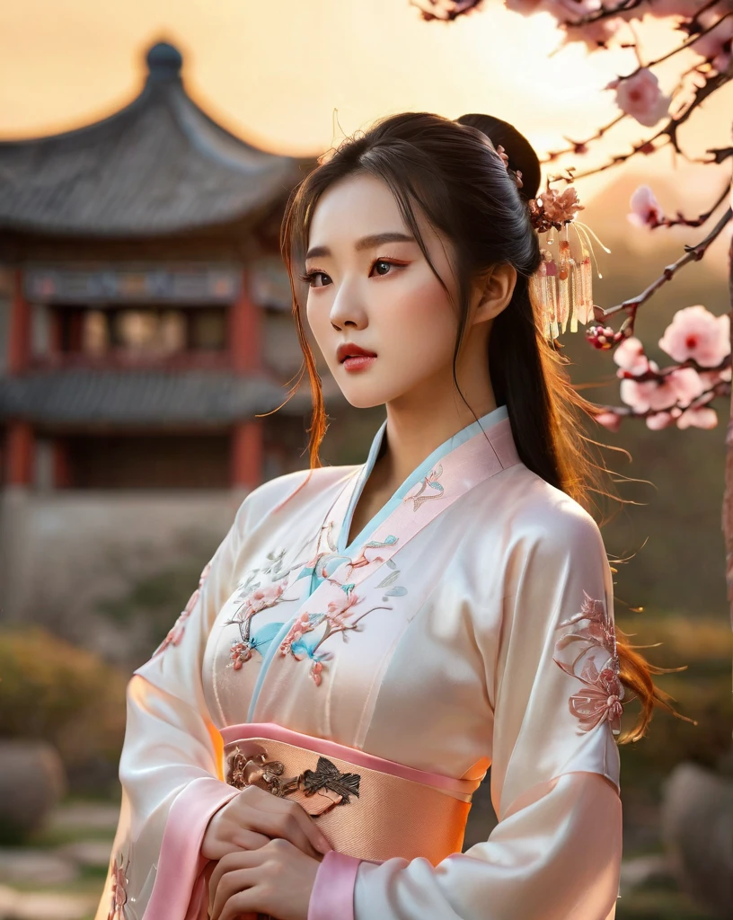 beautiful korean female, 31 inch breasts size, wearing luxury white fantasy traditional chinese dress ,   In the ancient peach garden, sunset light,bokeh  background, UHD, Inspired by Xiaolongnü in the movie The Return of the Condor Heroes2,video game style, mortal kombat style