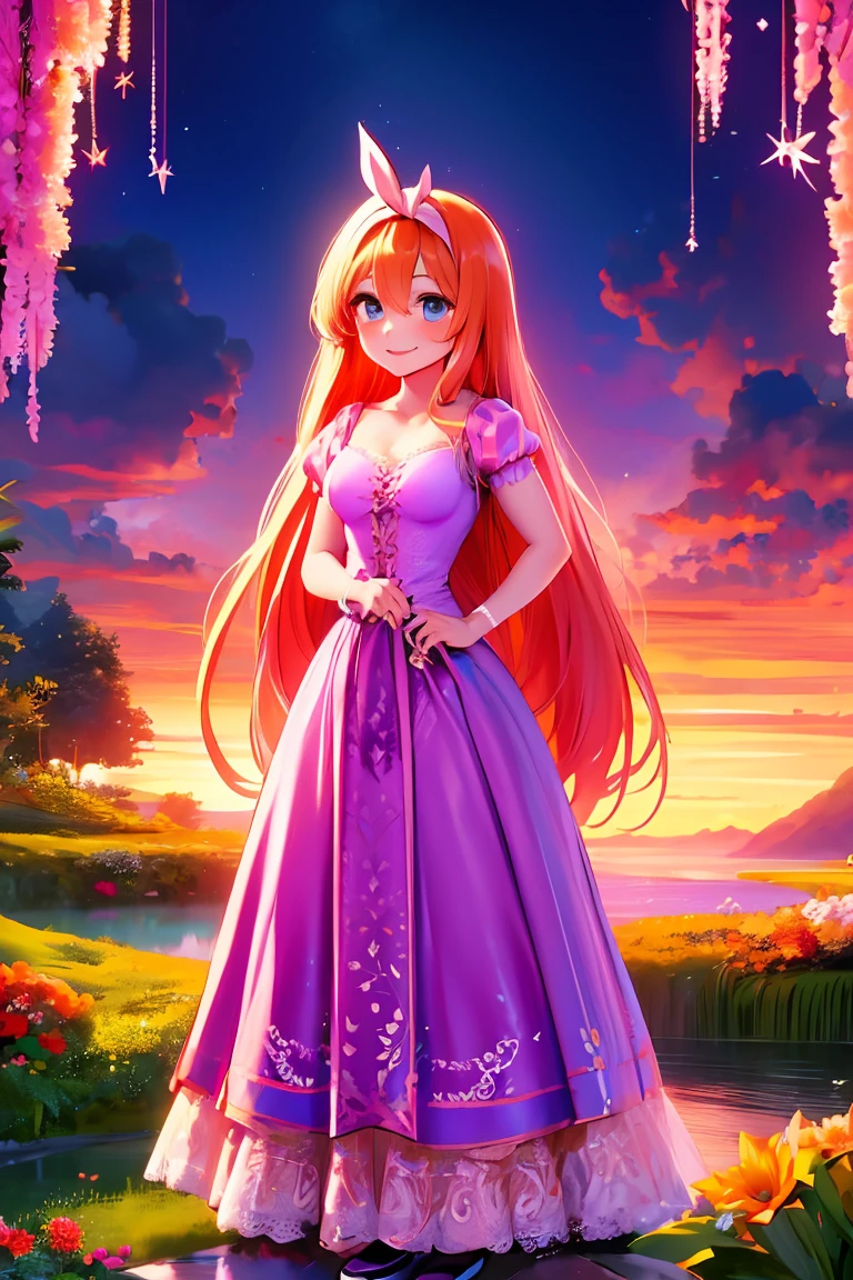 Fusion between Rapunzel from disney and Yotsuba Nakano, good fusion, excellent character design, masterpiece, 4k, perfect anatomy, perfect face, perfect eyes, 1girl, solo, full body, yotsuba nakano wearing rapunzel's dress, long long orange hair, red hair, pink hair, orange hair, extremely long hair, bangs, hair between eyes, green ribbon on hair, hair ribbon, blue eyes, athletic, muscular, purple rapunzel dress, long dress, long purple dress, smiling, cute, lovely, lovely expression, simply nature magical background, full body, standing up