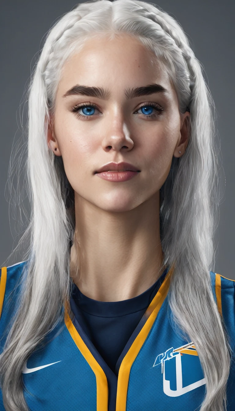 27-year-old female basketball player with white hair,blue eyes,white skin full body 