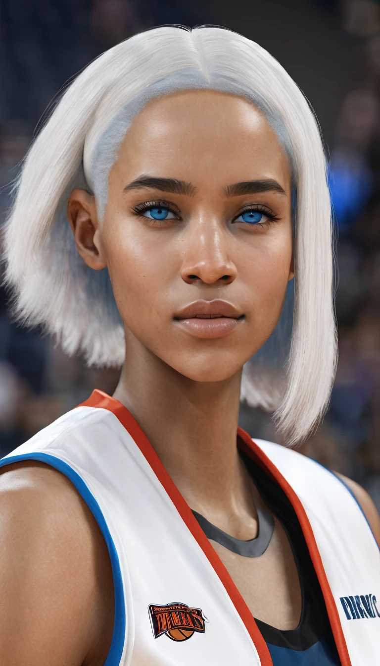 27-year-old female basketball player with white hair,blue eyes,white skin full body