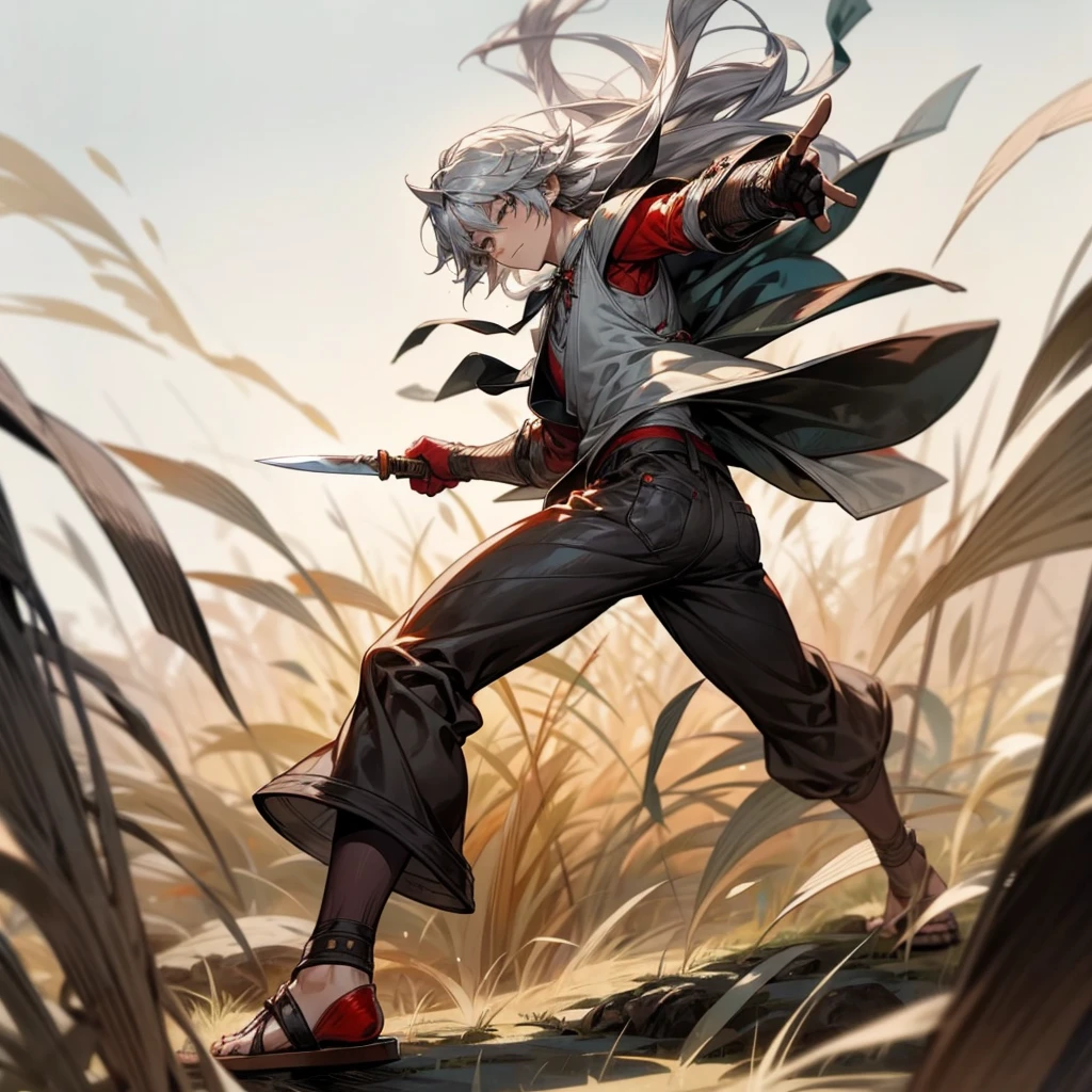 1boy, Full body version, 1character, black eyes color, milk skin, long hairstyle, monolod eyes type, silver colour hair, muscle, Farmer villager clothing style, red color clothing, black pants, white scraf, Ancient roman sandals, vest armors, knife in two hand, Grassroots background in field villager, motion blur, battle gesture