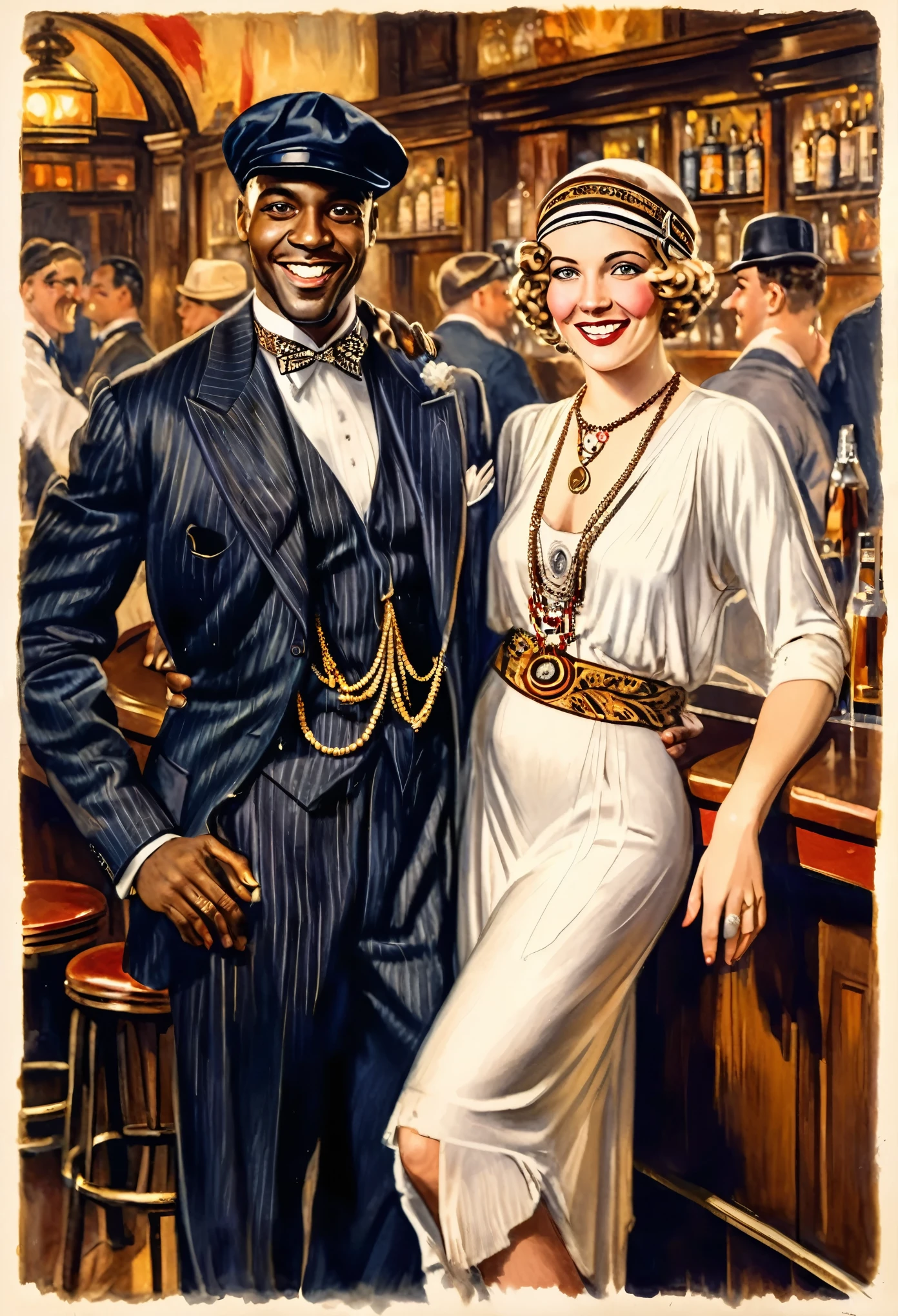 Black man dressed in a 1920s style African attire and white woman dressed in 1920s style European attire, both smiling at the viewer. In a bar full of joyous people. 1920s style of art.