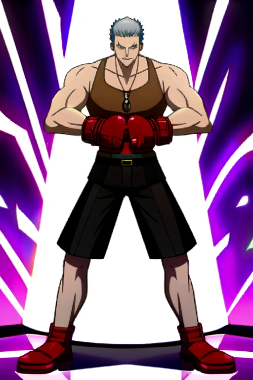 young man,jovial appearance,Muscular and compact body,short gray hair,brown blouse,chort de boxe,stitched leather boxing gloves,innocent smirk,necklace with drop symbol,boxer pose,"anime traits inspired by One Piece, encharcado de dramatic lighting e incrível, dramatic lighting, infused with creative details, design 2D ultrafino, cenário bathed in creativity, bathed in creativity, boasting HD anime resolution clarity, HD anime graphics, high-octane rendering"