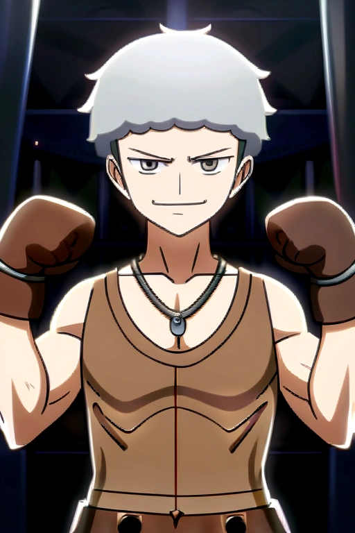 young man,jovial appearance,Muscular and compact body,short gray hair,brown blouse,chort de boxe,stitched leather boxing gloves,innocent smirk,necklace with drop symbol,boxer pose,"anime traits inspired by One Piece, encharcado de dramatic lighting e incrível, dramatic lighting, infused with creative details, design 2D ultrafino, cenário bathed in creativity, bathed in creativity, boasting HD anime resolution clarity, HD anime graphics, high-octane rendering"