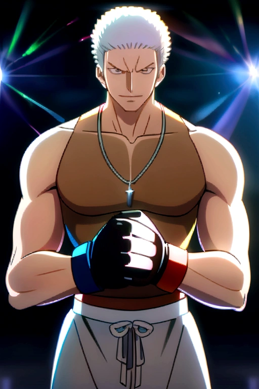 young man,jovial appearance,Muscular and compact body,short gray hair,brown blouse,chort de boxe,stitched leather boxing gloves,innocent smirk,necklace with drop symbol,boxer pose,"anime traits inspired by One Piece, encharcado de dramatic lighting e incrível, dramatic lighting, infused with creative details, design 2D ultrafino, cenário bathed in creativity, bathed in creativity, boasting HD anime resolution clarity, HD anime graphics, high-octane rendering"