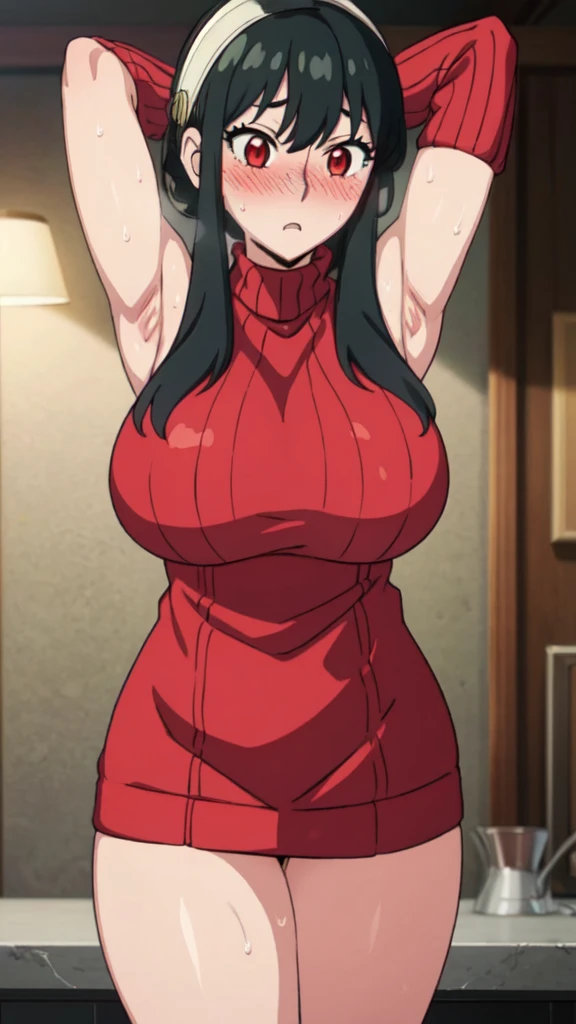 ((Tabletop, Highest quality, High resolution, Pixel perfect, 4K, nsfw)))、1 Girl, single, alone, Beautiful woman、 ((short hair, Long sideburns、Black Hair)), ((Red eyes, Beautiful eyelashes, Realistic eyes)), ((Detailed face, blush:1.2)), ((Smooth texture:0.75, Realistic texture:0.65, Realistic:1.1, Anime CG Style)), (((Muscular)))、((Huge breasts、Thick thighs)), Perfect body、Office room at night、((((Embarrassing、blush))))、((Sweat))、Gold Hair Ornament、Are standing、(Put your hands behind your head、Armpits)、red ribbed sweater、