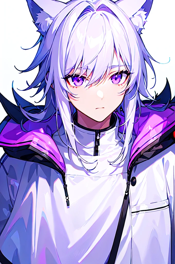 [(WHITE BACKGROUND:1.5),::5], ((((masterpiece)))), high quality, ultra very high resolution, full color, (((solo))), ((younger boy)), white hair, (Purple eyes), wolf ear, anime, ((upper body)), neon light, black parka,