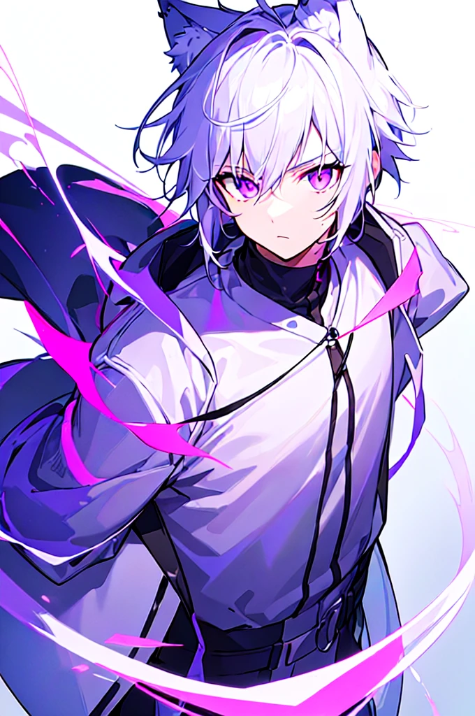[(WHITE BACKGROUND:1.5),::5], ((((masterpiece)))), high quality, ultra very high resolution, full color, (((solo))), ((younger boy)), white hair, (Purple eyes), wolf ear, anime, ((upper body)), neon light, black parka,