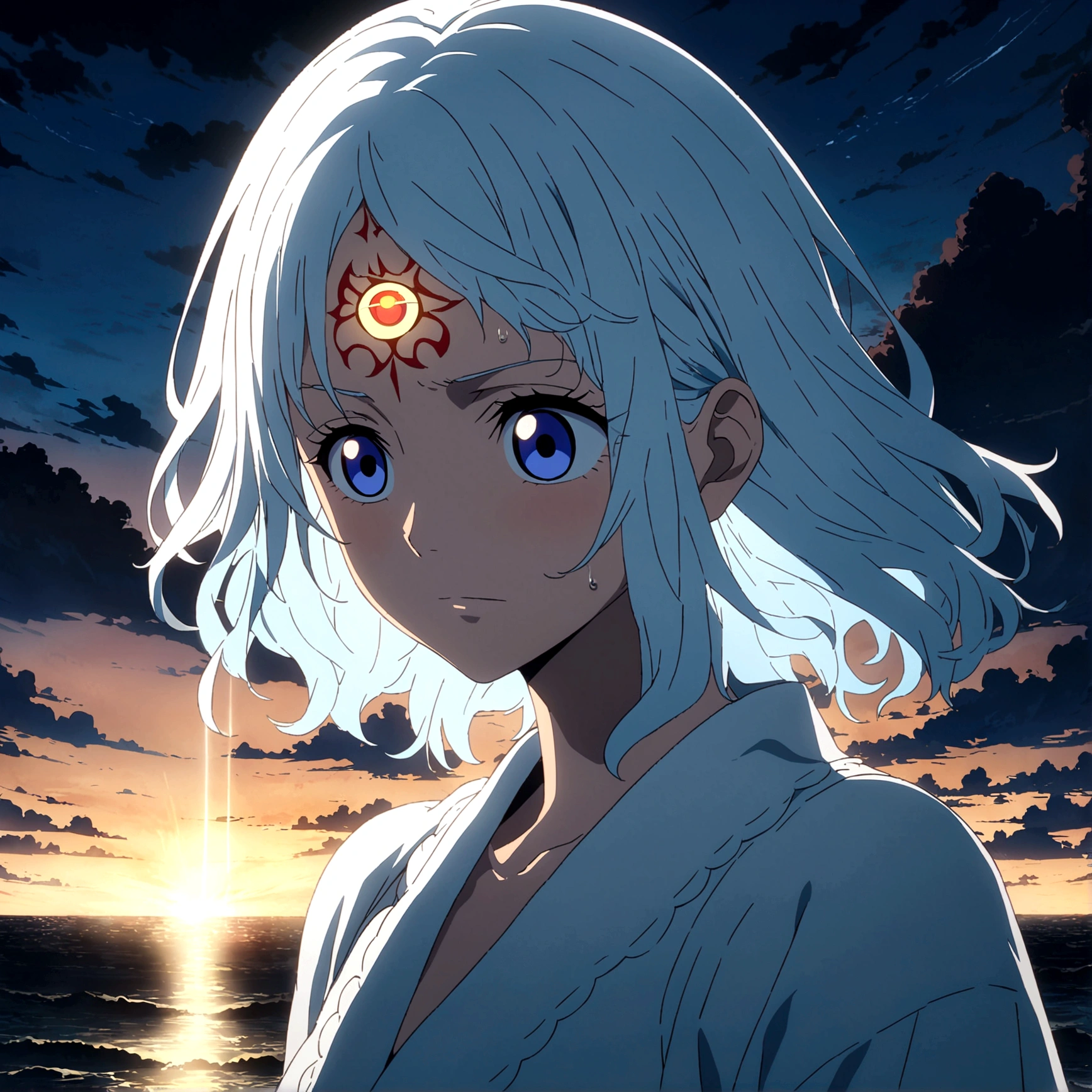 Female, young adult, bright light blue eyes, light blue third eye on forehead, long white hair, classical era Japanese white dress, cold and focused expression, focus on her face, distant sea scenery, "One Piece-inspired anime features, drenched in dramatic and incredible lighting, dramatic lighting, infused with creative details, ultra-fine 2D design, scenery bathed in creativity, bathed in creativity, boasting HD anime resolution clarity, HD anime graphics, high-octane rendering"