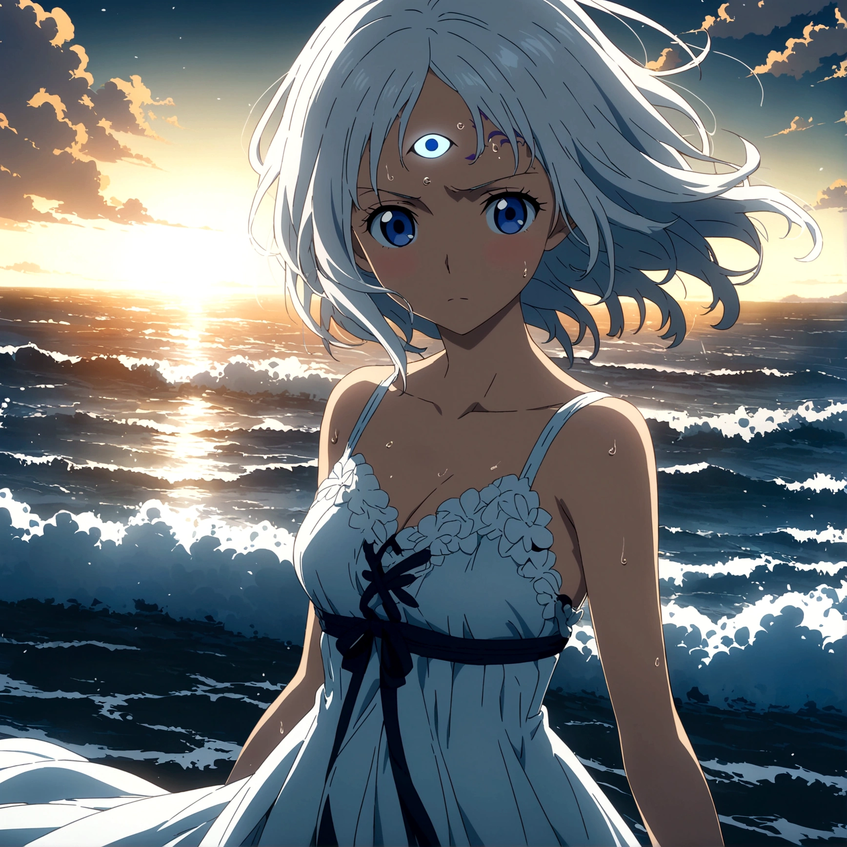 Female, young adult, bright light blue eyes, light blue third eye on forehead, long white hair, classical era Japanese white dress, cold and focused expression, focus on her face, distant sea scenery, "One Piece-inspired anime features, drenched in dramatic and incredible lighting, dramatic lighting, infused with creative details, ultra-fine 2D design, scenery bathed in creativity, bathed in creativity, boasting HD anime resolution clarity, HD anime graphics, high-octane rendering"