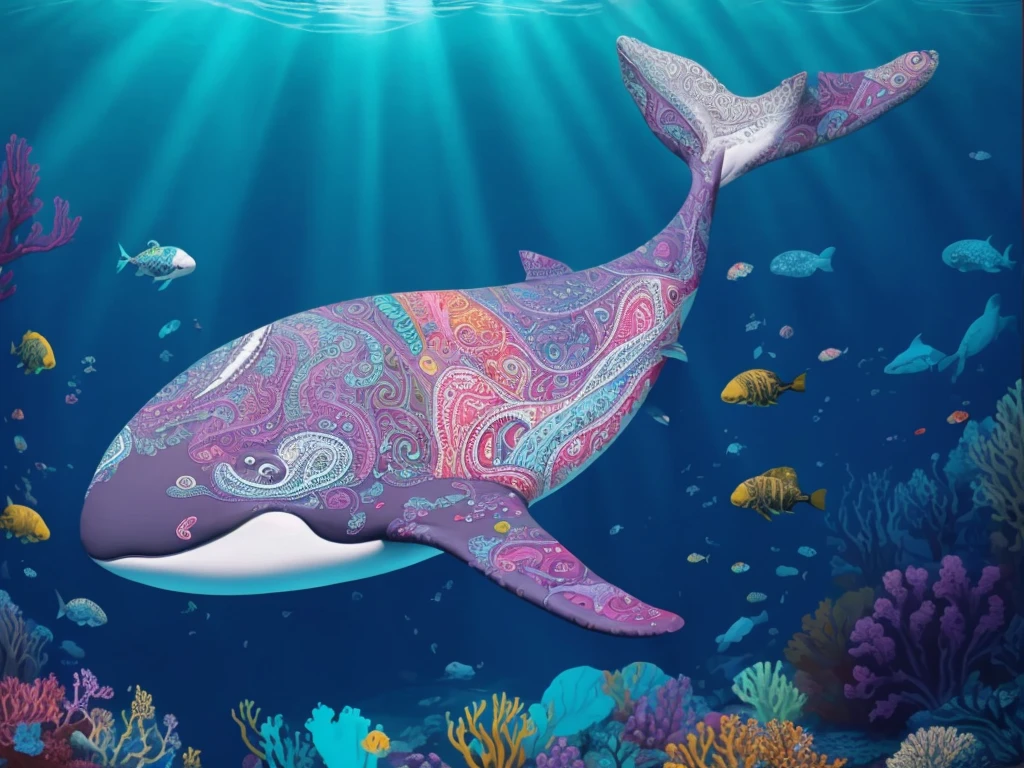 The image depicts a vivid underwater scene featuring a whale with a colorful, intricate paisley patterns painted on its side, surrounded by various fish species.