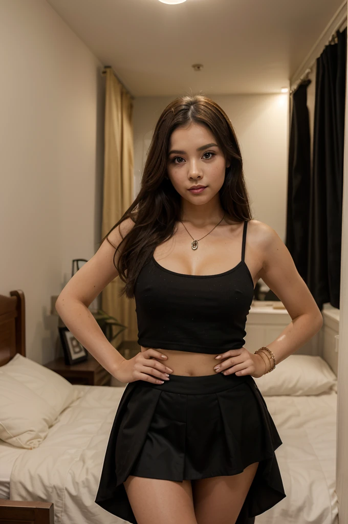 bư\1girl in, 30 years old, Square face, Long hair, Looking at viewer, jewelry, Reality, Sexy, Short skirt outfit, bedroom background , free pose