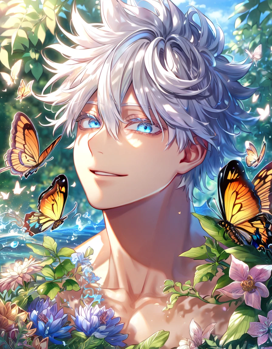 absurdres, highres, ultra detailed, HDR, master piece, best quality, extremely detailed face, delicated features, Gojou Satoru, white hair, messy hair, hair between the eyes, expressive blue eyes, white eyelashes, Boku No Hero Academia, solo, sexy man, handsome, handsome smile, bare chest, fantasy, magical, butterflies, summer, green leaves, flowers, water