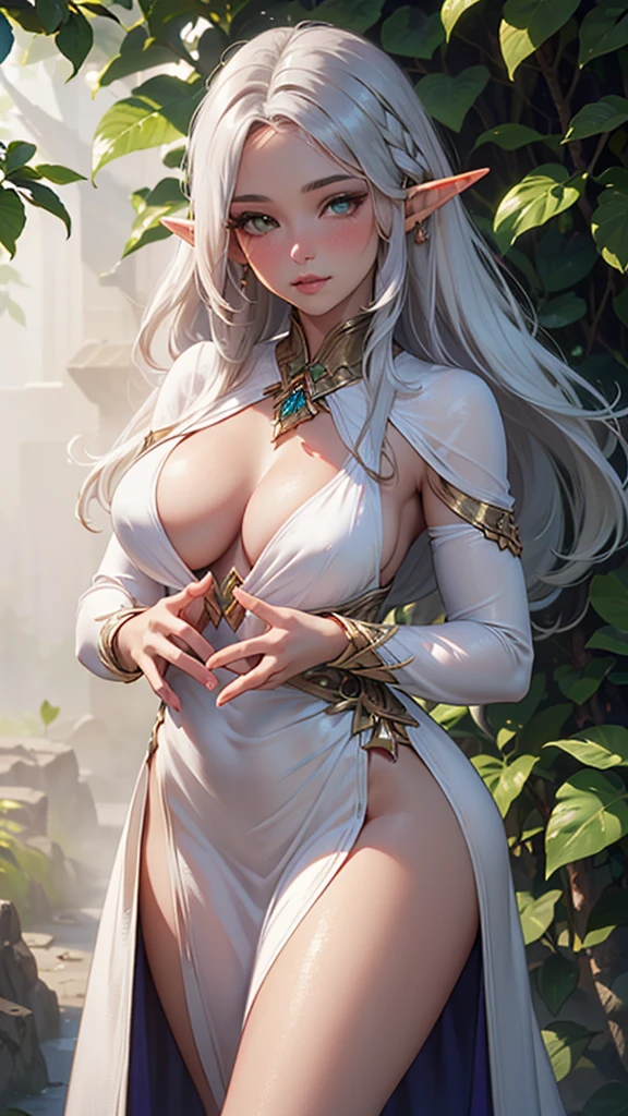 ((elf girl)), (flushed white skin) ,(((extra large hair))) ,Platinum hair, silver hair, (((leaf clothing))), ((( wearing a long flower dress)))
break,
work of art, best qualityer, Ultra-accurate representation, Ultra-detailed representation, offcial art, high resolution,
break,
(Extremely beautiful face),(high-detailed face),beautiful detailed eyes, Detailed lashes,(shining skin), make up,(erotic blushing face),
break,
whole body, ((slim toned body)), Nice legs, corpo escultural
break,
(((beautiful hands, perfect hands))),
break,
gazing at viewer,
break,
(dynamic background), (((clothing themed background))) sfw
