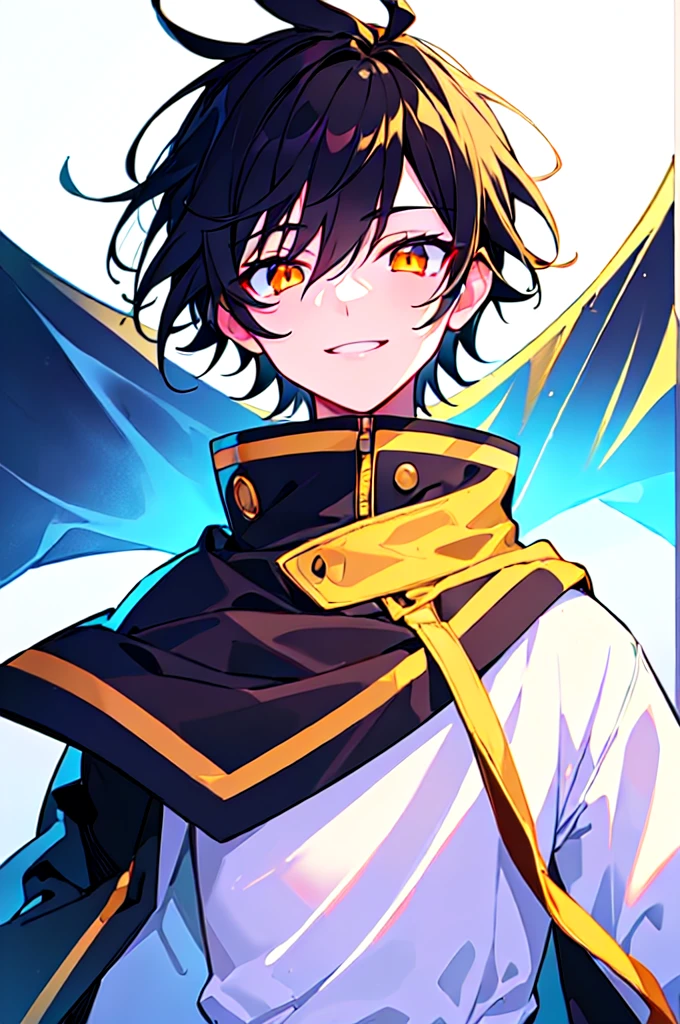 [(WHITE BACKGROUND:1.5),::5], ((((masterpiece)))), high quality, ultra very high resolution, full color, (((solo))), ((little boy)), Black hair, (Golden eyes), anime, ((upper body)), neon light, black parka, evil smile