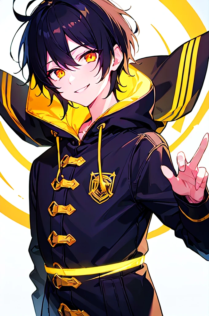 [(WHITE BACKGROUND:1.5),::5], ((((masterpiece)))), high quality, ultra very high resolution, full color, (((solo))), ((little boy)), Black hair, (Golden eyes), anime, ((upper body)), neon light, black parka, evil smile