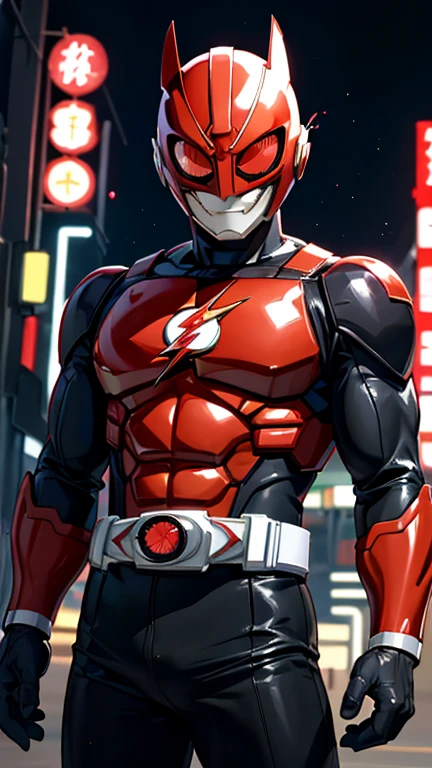 (8k),(masterpiece),(Japanese),(8-year-old boy),((innocent look)),((Childish)),From the front,smile,cute,Innocent,Kind eyes,Flat chest,red helmet,red domino mask,white mask,The Flash, short,Black Hair,Strong wind,night,dark, Neon light cyberpunk city,Kamen rider, Flash90s