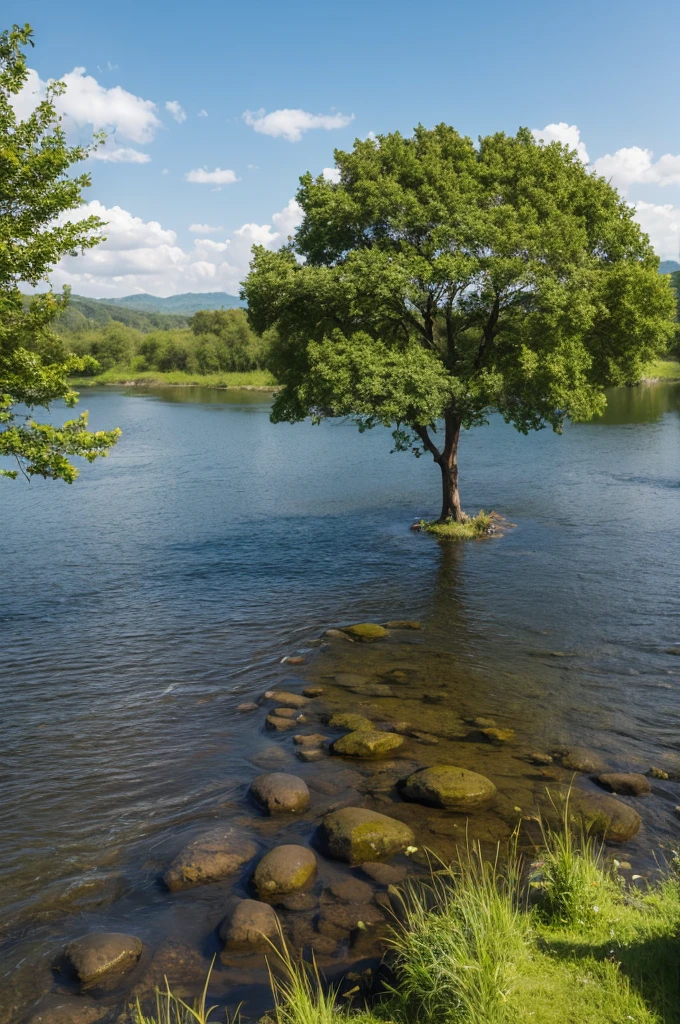 Nature with a single tree in the middle and a river