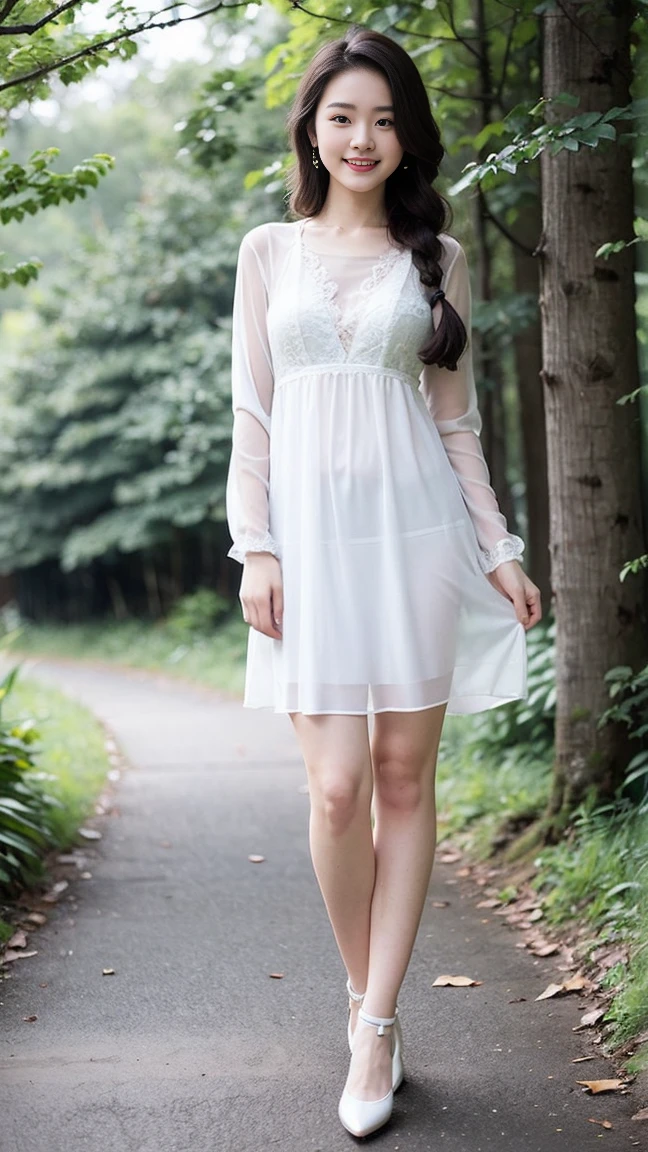 ((Best image quality, 8K, masterpiece:1.3)), 1 Girl, Beautiful woman with slim abdominal muscles:1.3, (Casual Hairstyle, plum bossom:1.2), (Shift Dress:1.1),36 inch chest size(a charming smile:1), (sexy pose),, Ultra-thin face, Delicate eyes, Double eyelids,Smile,(A girl in the forest), Full body posture, Solitary, Perfect body, Become a, White shoes,