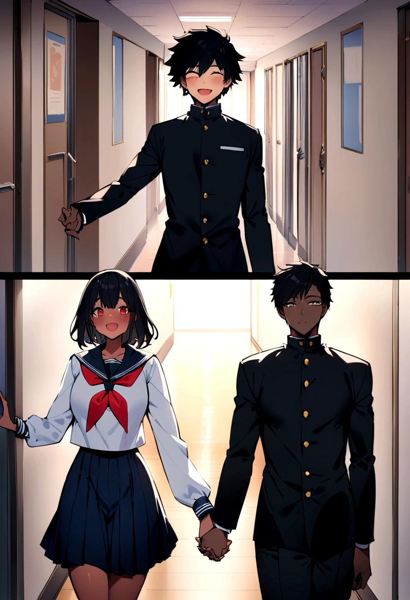 Masterpiece, Best Quality, 2 a couple a dark skinned boy wearing a gakuran and his light skinned, black haired girlfriend wearing a sailor fuku were holding hands as they ran through the school hallways with smiles on their faces 