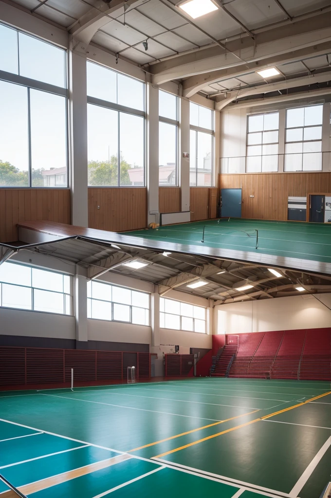 a spacious gymnasium with retractable bleachers and a stage for sporting events and presentations.
Gym Overview 