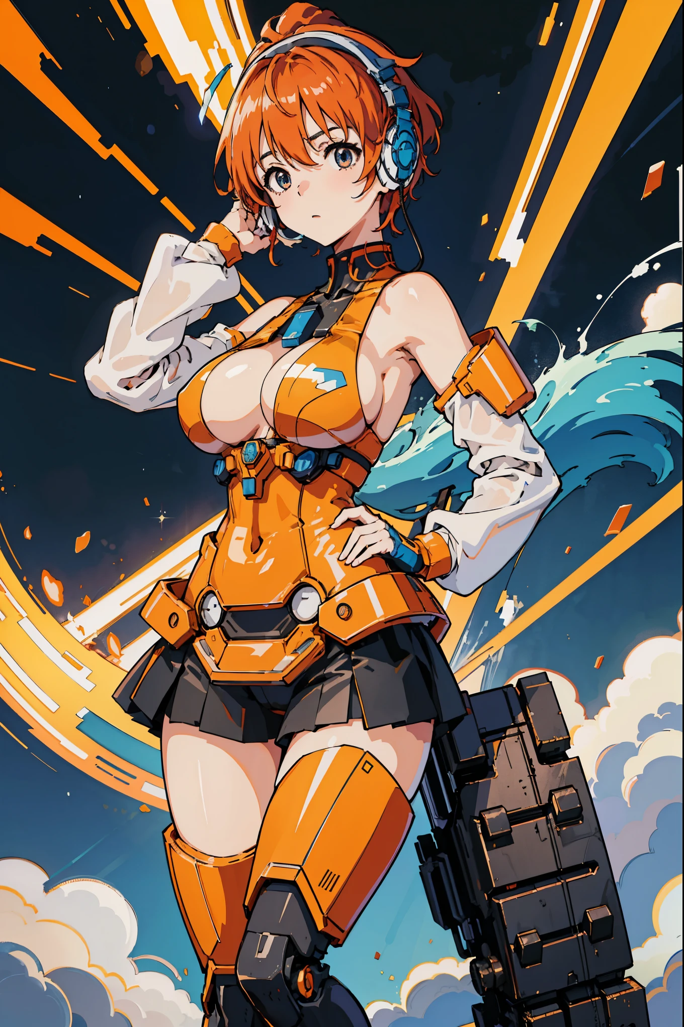 Asuka Langre,blue eyes,Hair between the eyes,Headdress,Interface Headphones,Orange Hair,Combat Suit,Action poses,Mecha Girl,Album artwork,Images that tell a story,huge , Crazy breast swelling, Chest larger than shoulder blades, Big breasts and thin waist,(huge breasts:1.2),Hydrated skin((rogue))((非常huge乳房)),((Grooves reveal original skin))