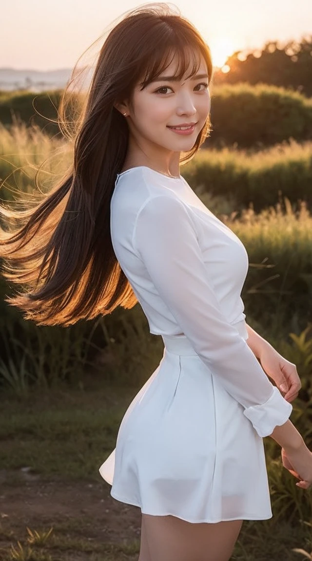 Medium Size Display, Medium Shot, Written boundary depth, Photograph the whole body, Movie angle,Action pose、masterpiece, Highest quality, Very detailed, CG, 8k wallpaper, Beautiful Face, Delicate eyes, Otome, alone, smile, cute、Sky blue patterned dress