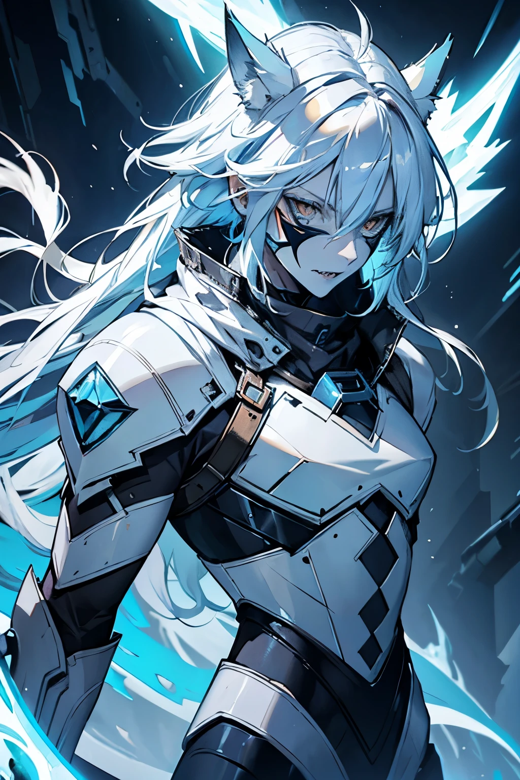 very white skinned entity, white eyes, light blue hair and animal ears, a mask with 2 long fangs and a cold and dark look and ice claws