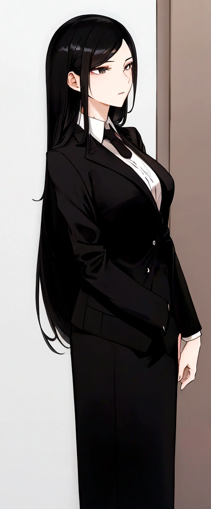 woman, long black hair, black eyes, Formal clothes.