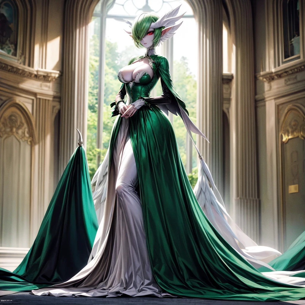 elf woman(only one) white skin with green hair similar to gardevoir red eyes open black victorian dress like mega-gardevoir good figure pretty milf woman 