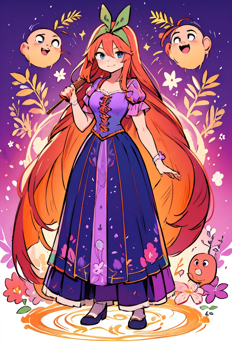 Fusion between Rapunzel from disney and Yotsuba Nakano, good fusion, excellent character design, masterpiece, 4k, perfect anatomy, perfect face, perfect eyes, 1girl, solo, full body, yotsuba nakano wearing rapunzel's dress, long long orange hair, red hair, pink hair, orange hair, extremely long hair, bangs, hair between eyes, green ribbon on hair, hair ribbon, blue eyes, athletic, muscular, purple rapunzel dress, long dress, long purple dress, smiling, cute, lovely, lovely expression, simply nature magical background, full body, standing up
