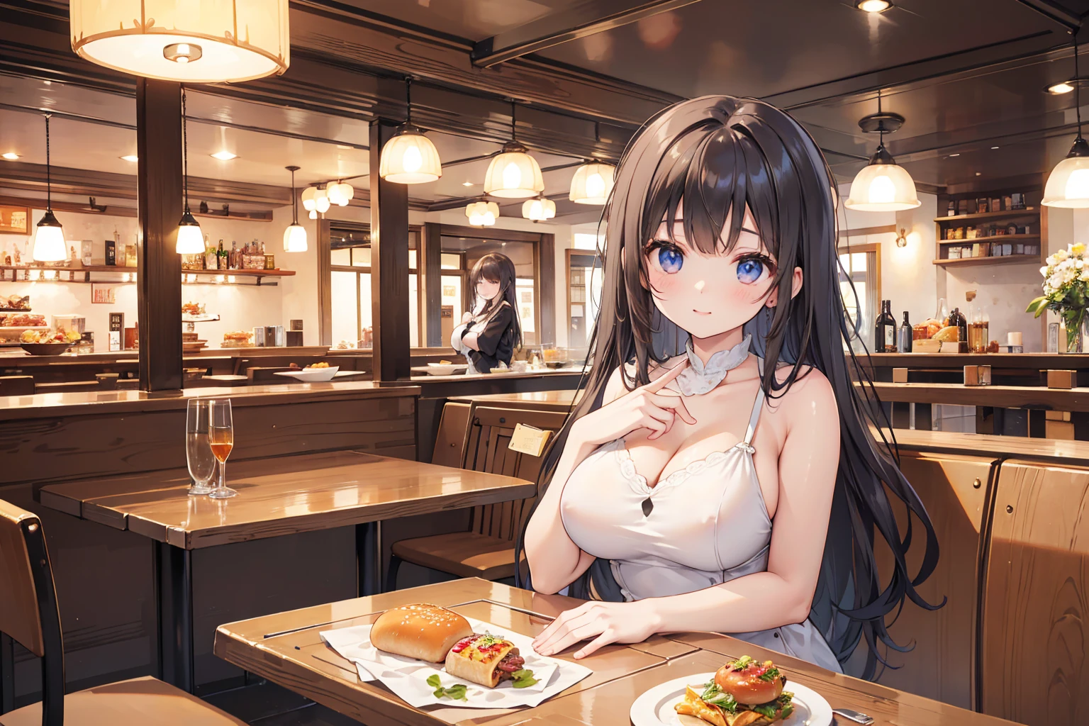 Photorealistic、Highest quality、Highest Resolution、Highest quality、８Ｋ、1人のBeautiful woman、Beautiful woman、Beautiful woman、Big Breasts、restaurant、lunch、hamburger、Western food、