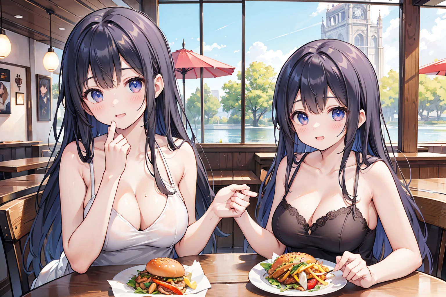 Photorealistic、Highest quality、Highest Resolution、Highest quality、８Ｋ、1人のBeautiful woman、Beautiful woman、Beautiful woman、Big Breasts、restaurant、lunch、hamburger、Western food、