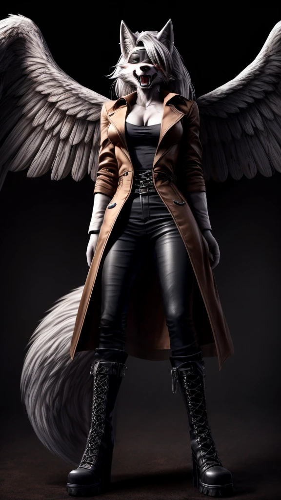 Loona from Helluva Boss, female wolf, anthro, mature adult, white hair, grey eyes, tall, muscular, dark angel, ??????? and violence angel, shirt, pants, trench coat, boots, chains, blindfolded, laughing, visible fangs, covered in blood, bloody face, standing, detailed, solo, beautiful, high quality, clear dark background, full body, 4K