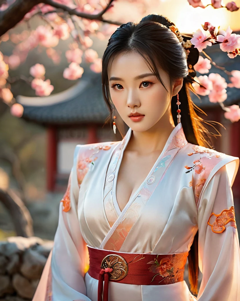 beautiful korean female, 31 inch breasts size, wearing luxury white fantasy traditional chinese dress ,   In the ancient peach garden, sunset light,bokeh  background, UHD, Inspired by Xiaolongnü in the movie The Return of the Condor Heroes2,video game style, mortal kombat style